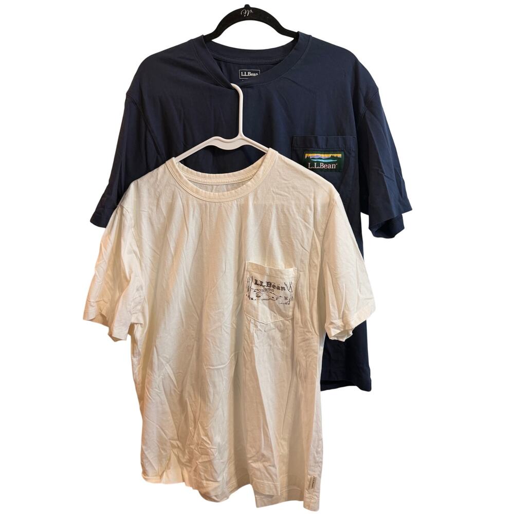 Set of 2-L.L. Bean Men’s Outdoorsman Cotton Pocket T-Shirts Sz L White Blue Nice